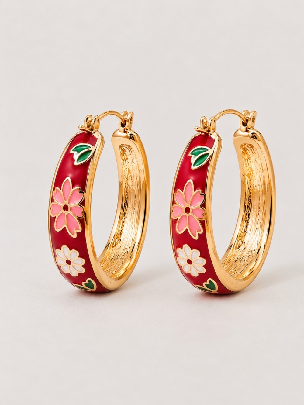New! Red Flower Gold Hoop Earrings NWOT 1010